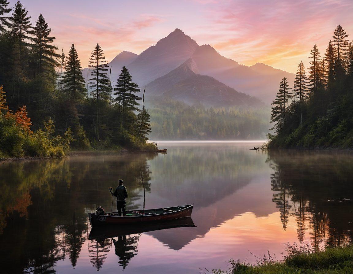 A serene lakeside scene at dawn, showcasing a silhouette of a fisherman casting his line into the shimmering water, surrounded by misty mountains and lush green trees. Include a rustic fishing tackle box and a vibrant sunrise that casts warm hues across the scene. Capture the essence of adventure, exploration, and tranquility in the great outdoors. super-realistic. vibrant colors. serene atmosphere.
