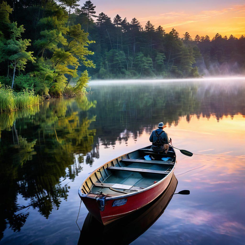 A serene lakeside scene at dawn, with a fisherman in a small boat casting his line, surrounded by lush greenery and mist. Vibrant fishing gear such as rods, tackle boxes, and a cooler are artfully arranged in the foreground. The reflection of the colorful sunrise on the water adds a magical touch to the scene. Capturing the essence of adventure and tranquility. super-realistic. vibrant colors. natural lighting.