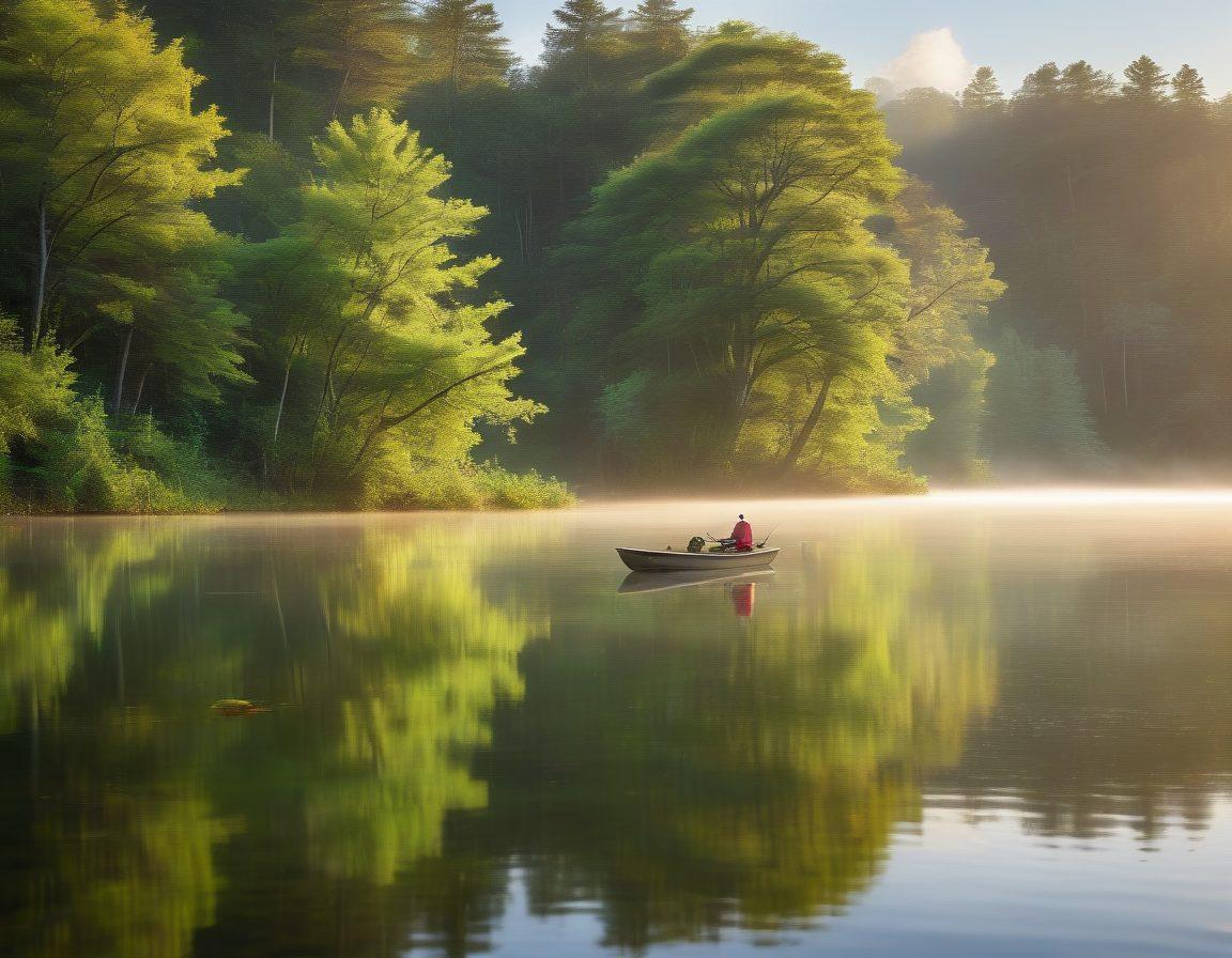 A serene lakeside scene at dawn, showcasing an angler in a small boat, casting a line into crystal-clear waters, surrounded by lush green trees and mist rising off the surface. Fish can be seen jumping out of the water, illuminated by the golden rays of the sun breaking through the clouds. A fishing rod with colorful lures rests in the boat, evoking a sense of adventure. super-realistic. vibrant colors. soft focus.